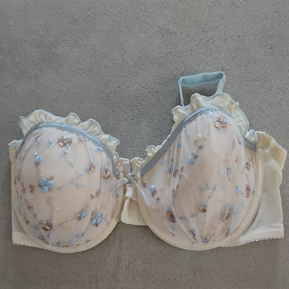 Q-T Intimates Cream and Blue Floral Bra